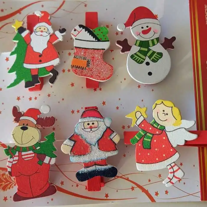 SET 6 CLIP NATALE IN LEGNO ROSSO (3 PZ)