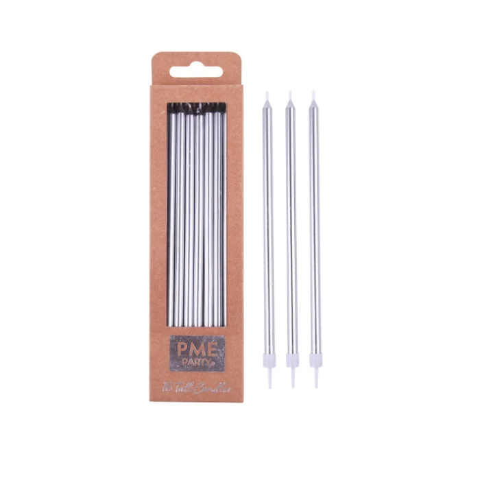 CANDELINE ELEGANTI LUNGHE ARGENTO CON SUPPORTO (18CM)